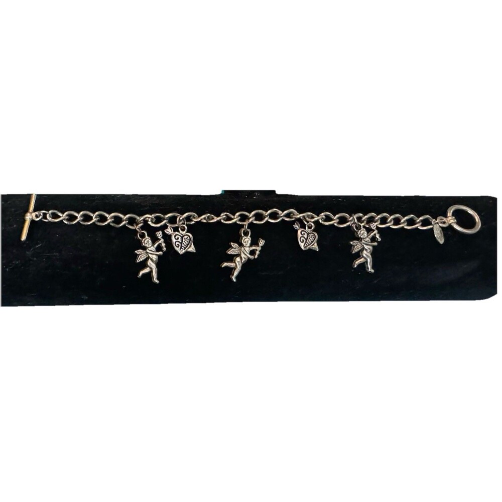 Premier Designs Cherub Angel Heart Silver Tone Charm Bracelet 7” Toggle Clasp
